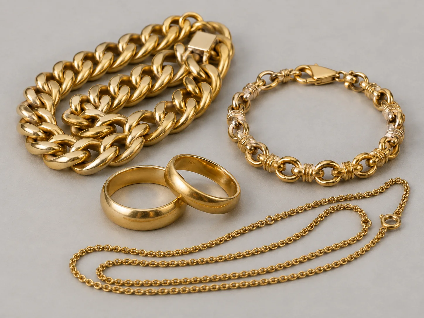 Illustrative gold jewelry and wedding bands