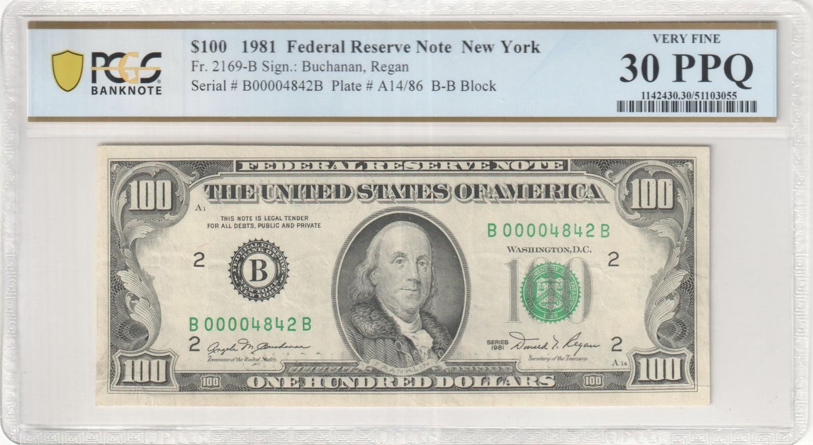 1981 $100 Federal Reserve Note Fr. 2169-B PCGS VF30 PPQ New York
