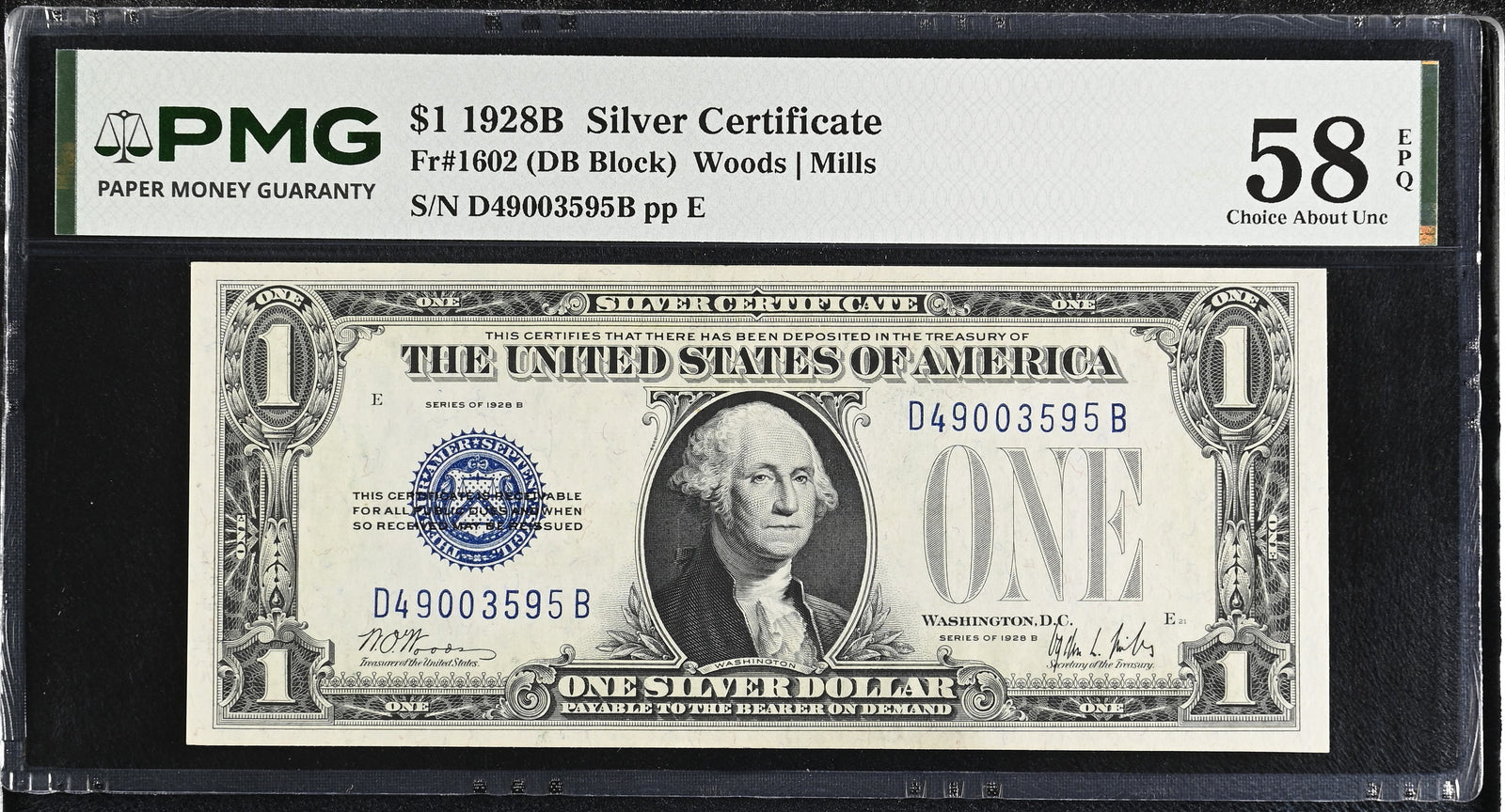 1928B $1 Silver Certificate Fr. 1602 PMG 58 EPQ Blue Seal