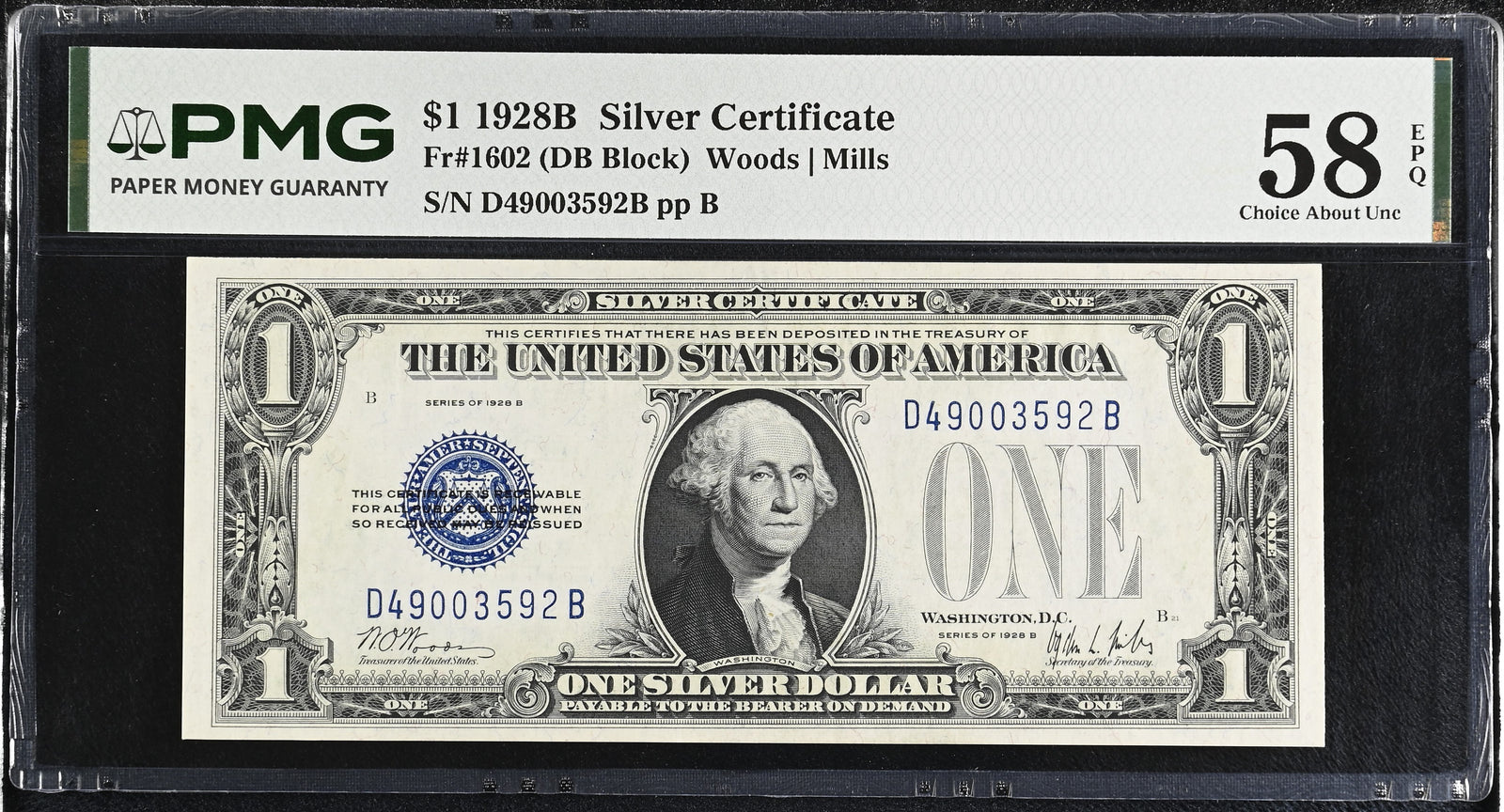 1928B $1 Silver Certificate Fr. 1602 PMG 58 EPQ Blue Seal