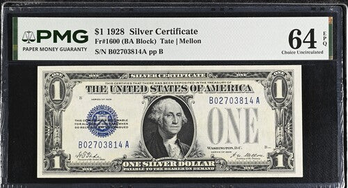 1928 $1 Silver Certificate Fr. 1600 PMG 64 EPQ Funny Back Note