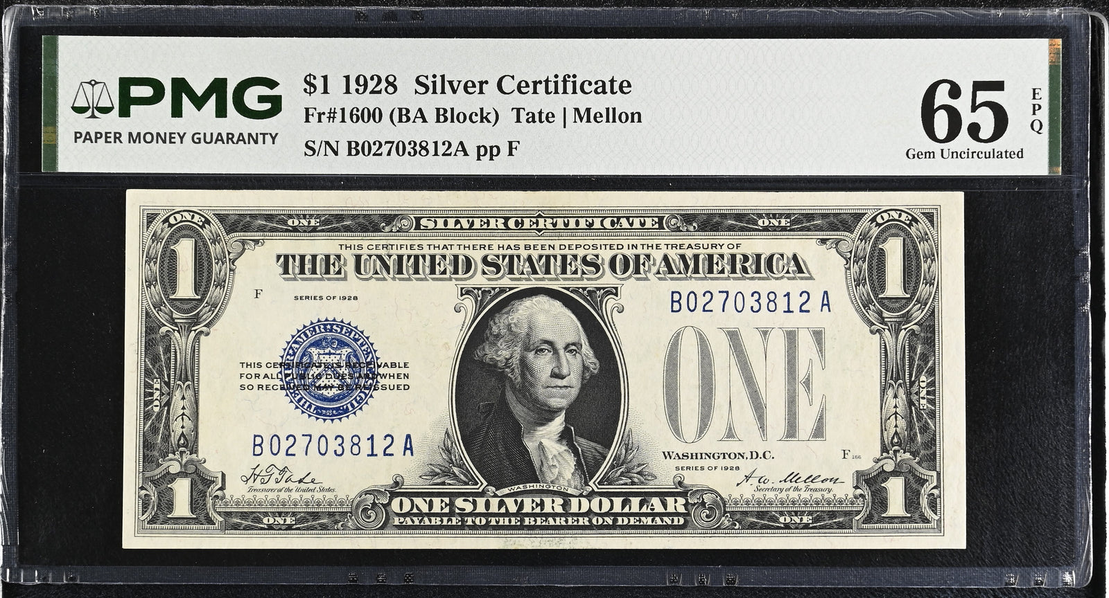 1928 $1 Silver Certificate Fr. 1600 PMG 65 EPQ Funny Back Note
