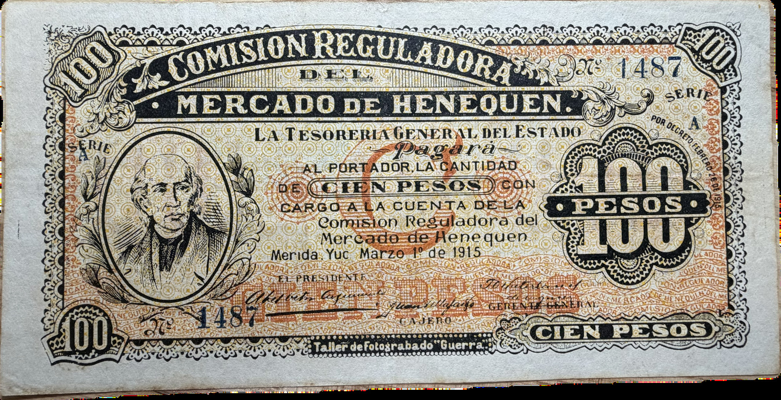 1915 Mexico Yucatán 100 Pesos – Comisión Reguladora del Mercado de Henequén – Revolutionary Currency Issue Raw