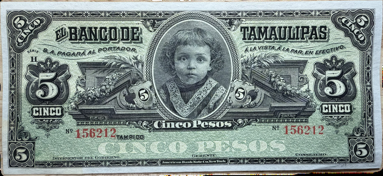 Mexico – Banco de Tamaulipas – 5 Pesos – Series H – ND (1902–1914)
Tampico, Tamaulipas | American Bank Note Company, New York. Raw