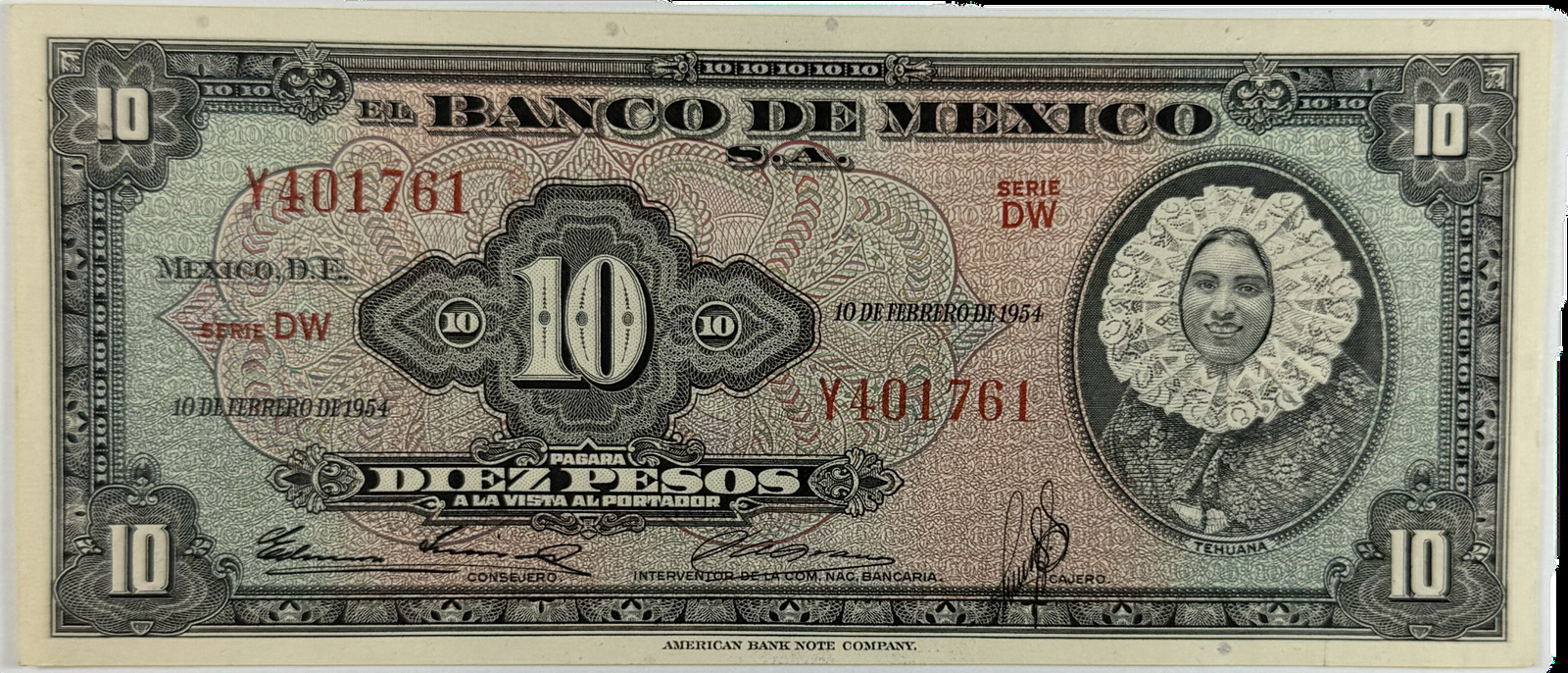 Mexico. Banco de México. 10 Pesos. 10 February 1954. Series DW. Pick 61b - Raw