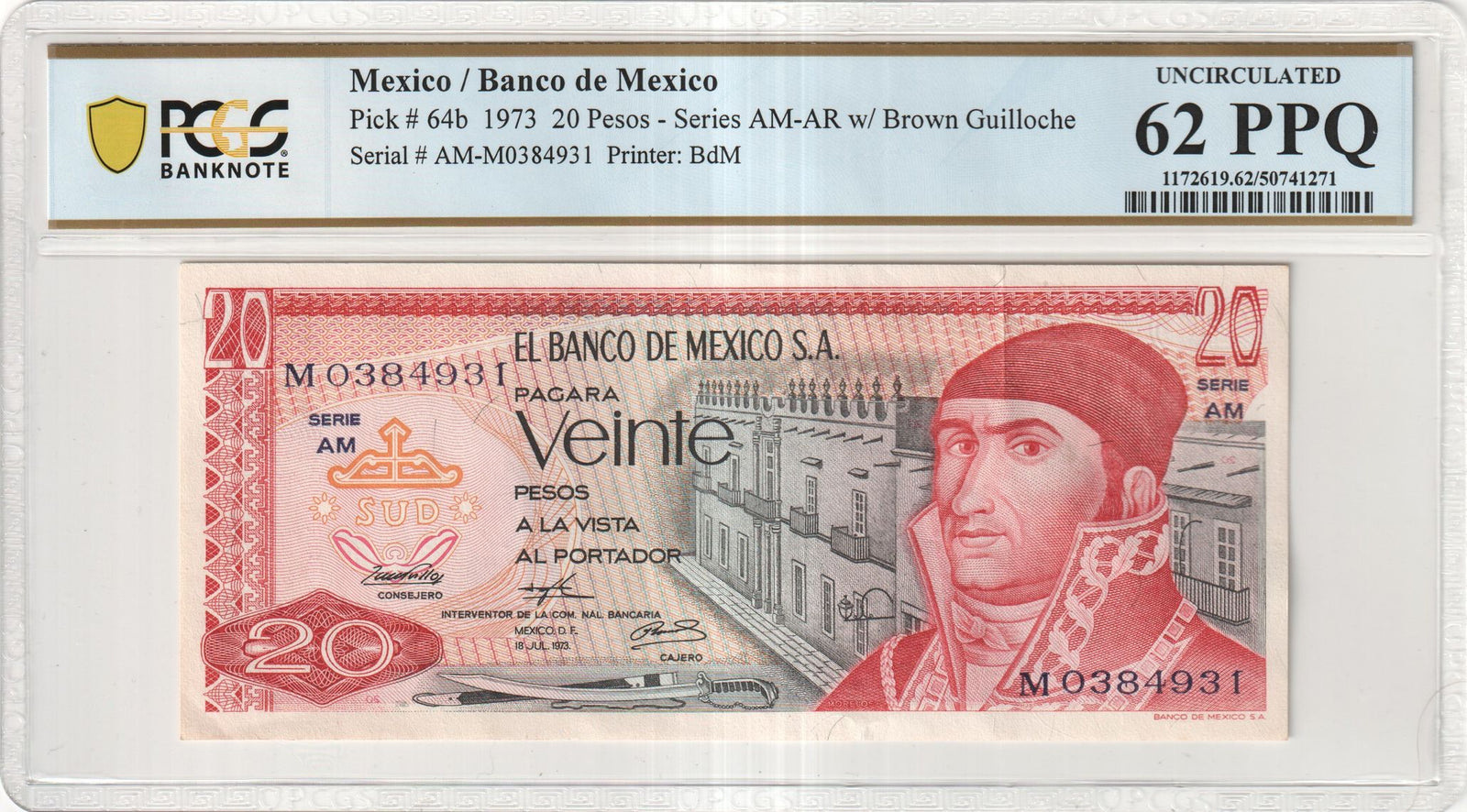 Mexico 1973 20 Pesos – Pick 64b, Series AM-AR, PCGS Choice Uncirculated 62 PPQ