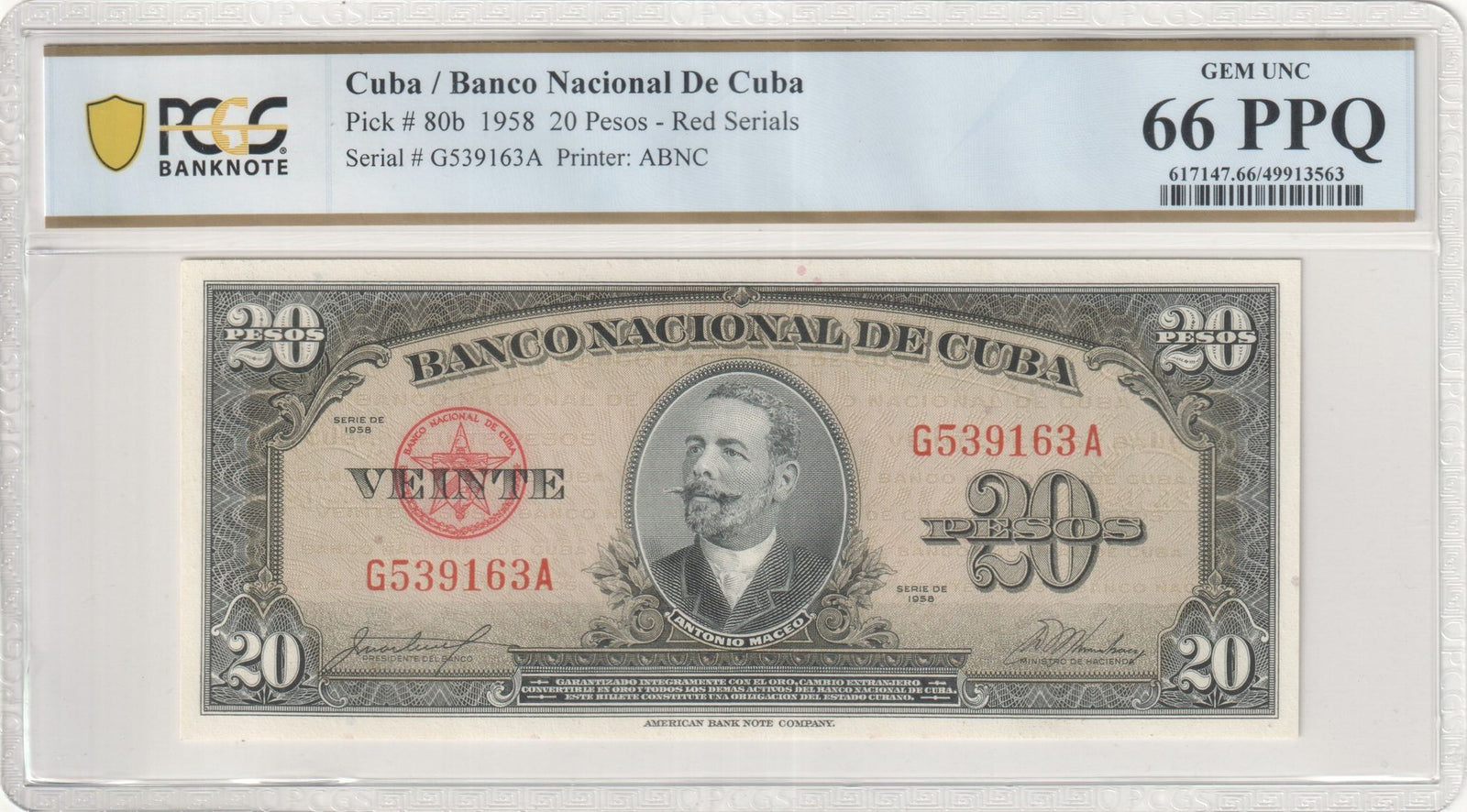 1958 Cuba 20 Pesos P-80b Red Serials PCGS 66 PPQ Gem UNC | Pre-Castro Cuba | ABNC