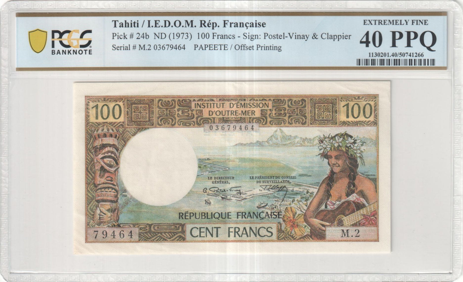 1973 Tahiti French Polynesia 100 Francs P-24b PCGS XF40 PPQ Original Paper Quality