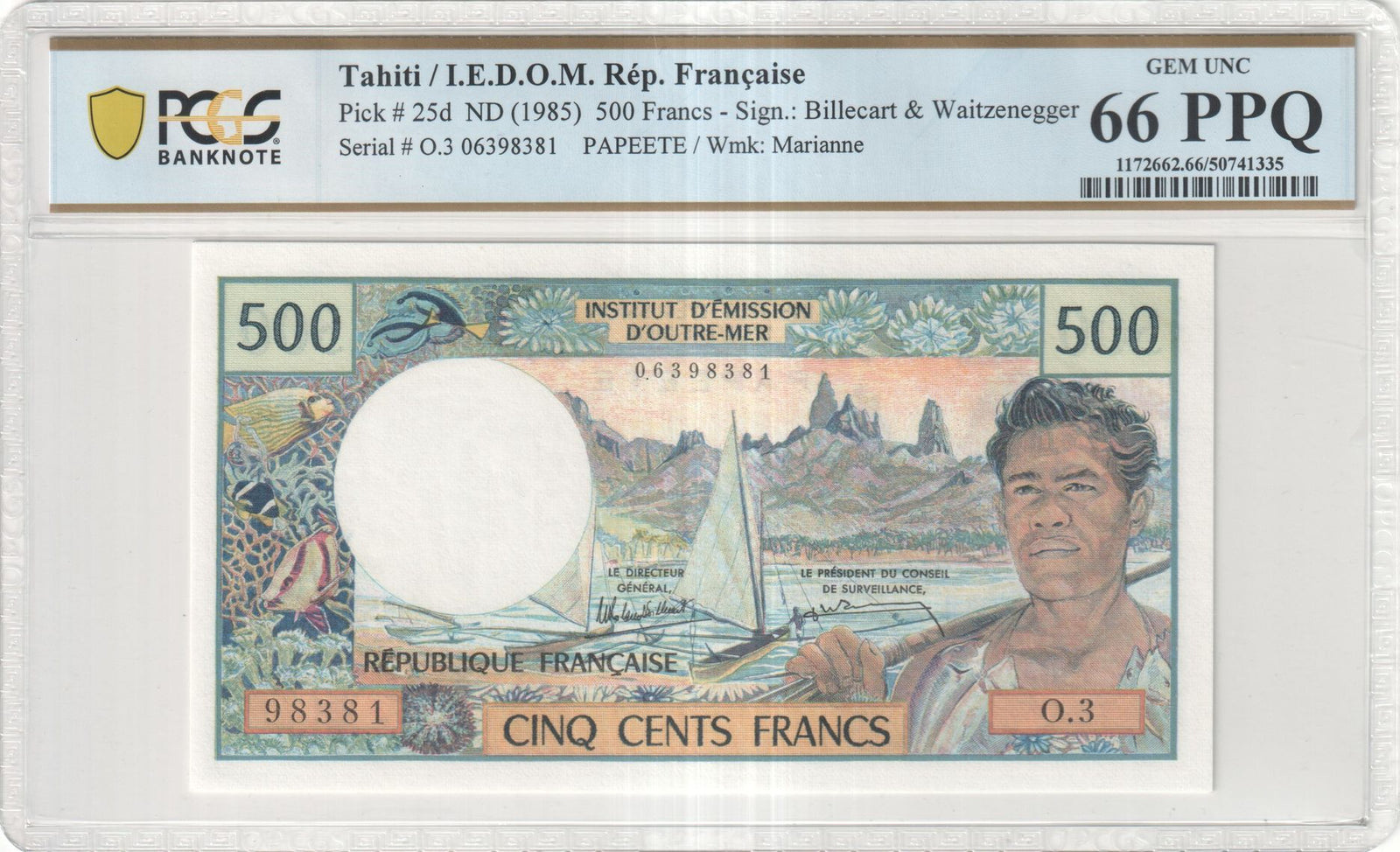 1985 Tahiti French Polynesia 500 Francs P-25d PCGS Gem UNC 66 PPQ Beautiful Tropical Design