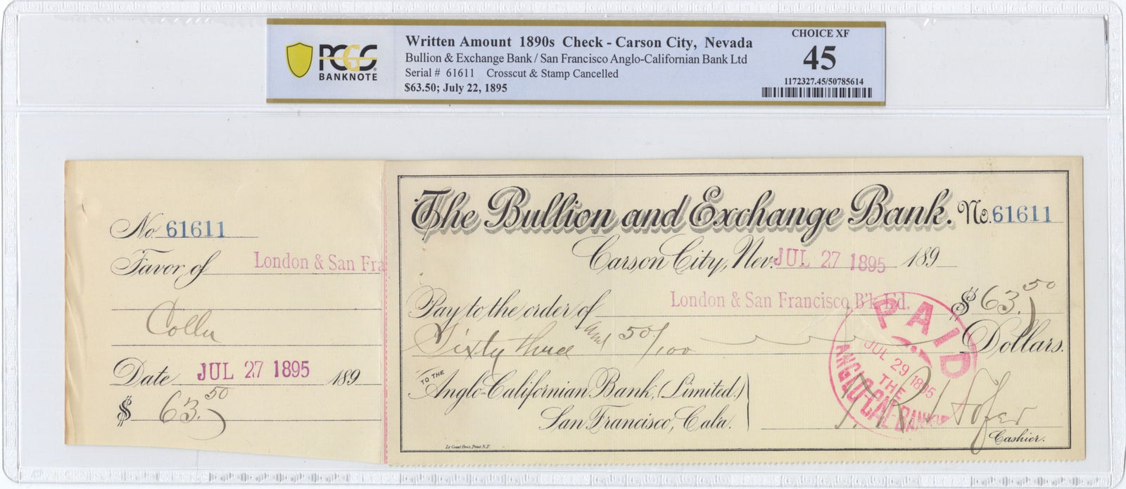 1895 Carson City Bullion & Exchange Bank Draft Signed by T. R. Hofer — 7th Superintendent of the Carson City Mint — PCGS XF-45