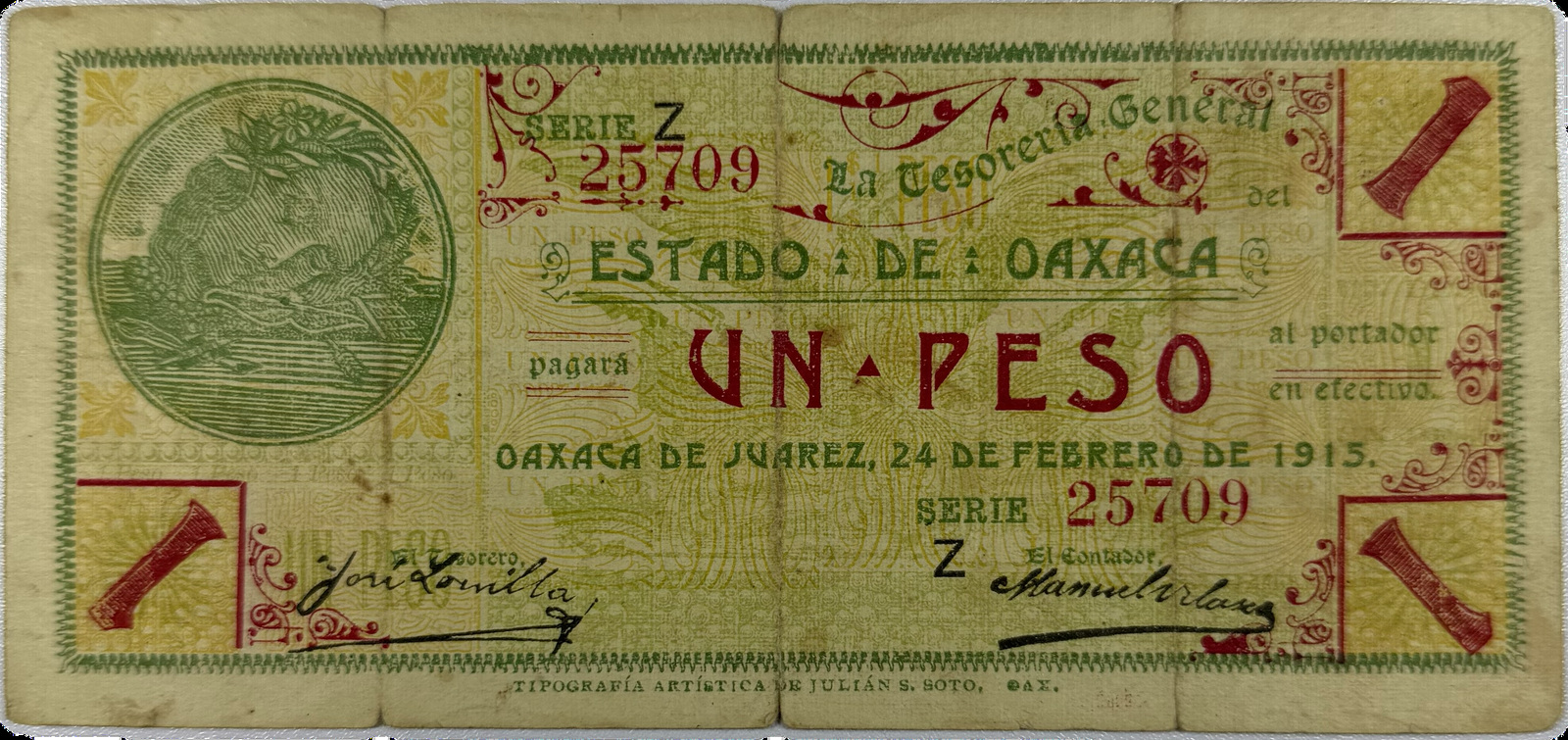 1915 Mexico Oaxaca Revolutionary 1 Peso Note | Estado de Oaxaca | Series Z | Benito Juárez