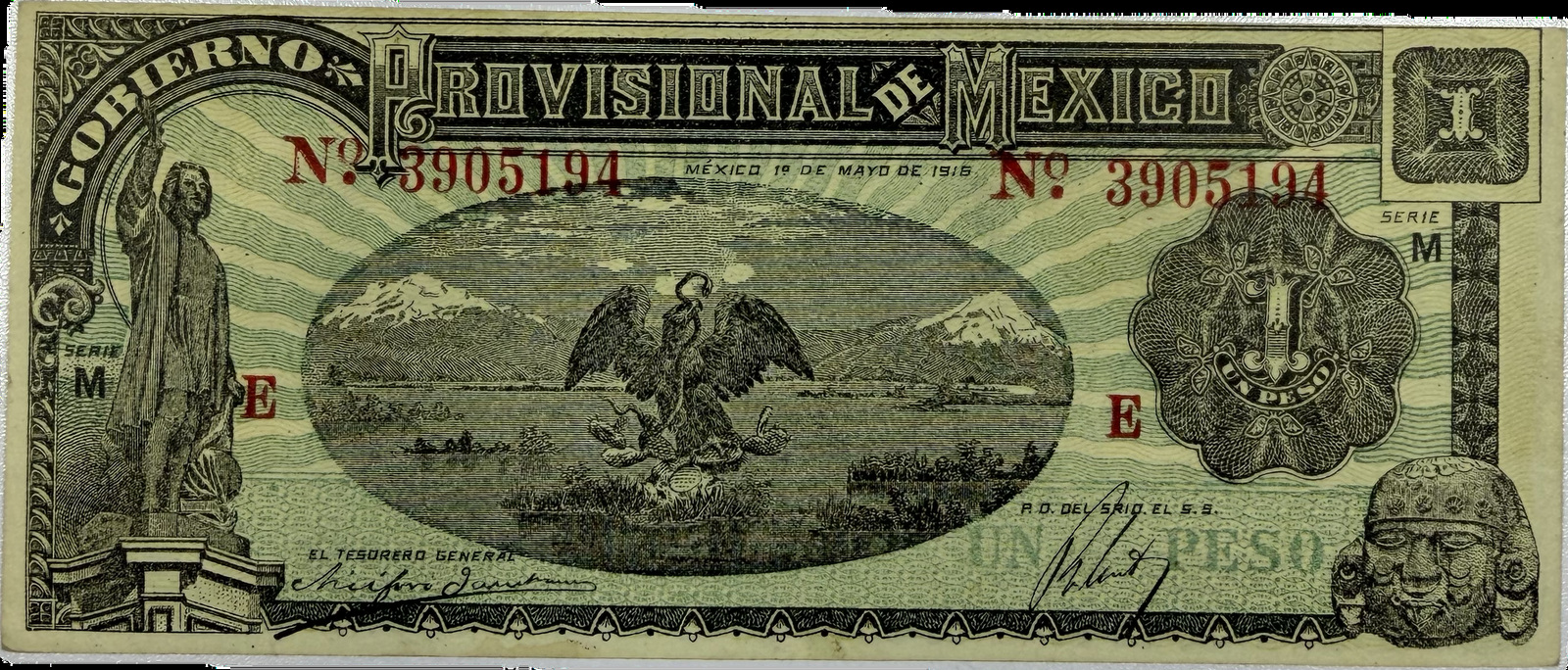 1916 Mexico Provisional de México 1 Peso Note – Serie M – Revolutionary Issue – Pick S538 – Fine/VF