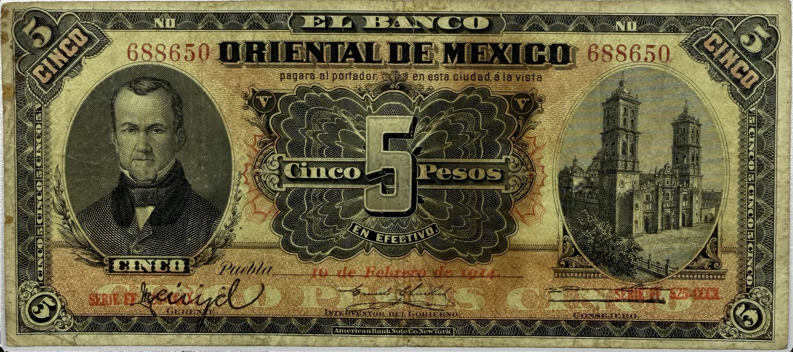 1914 Banco Oriental de México 5 Pesos Puebla Pick S185a Mexican Banknote Fine-Very Fine