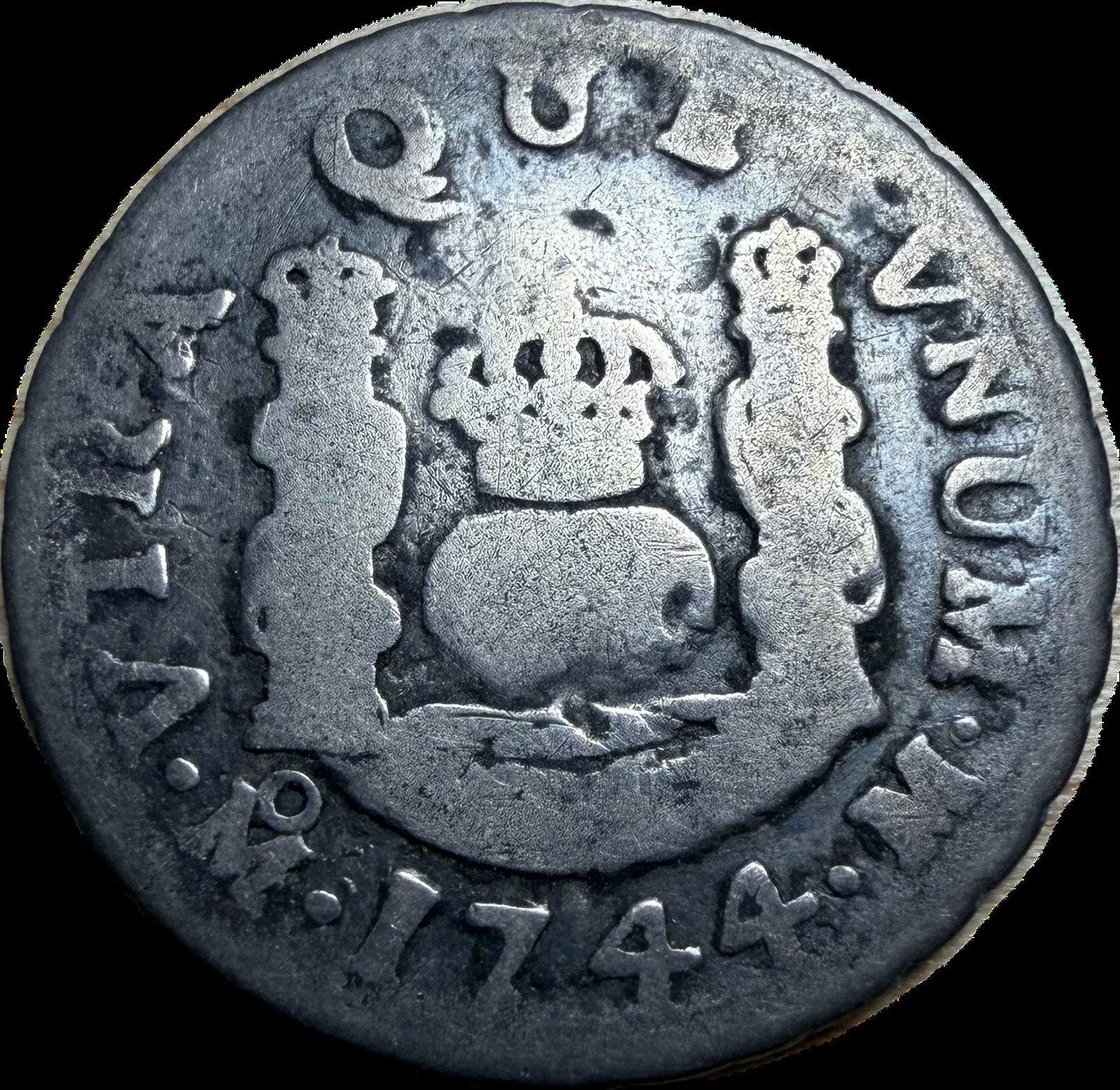 1744 Mo-R Mexico 1 Real Philip V Silver Pillar Coin AG3 Raw