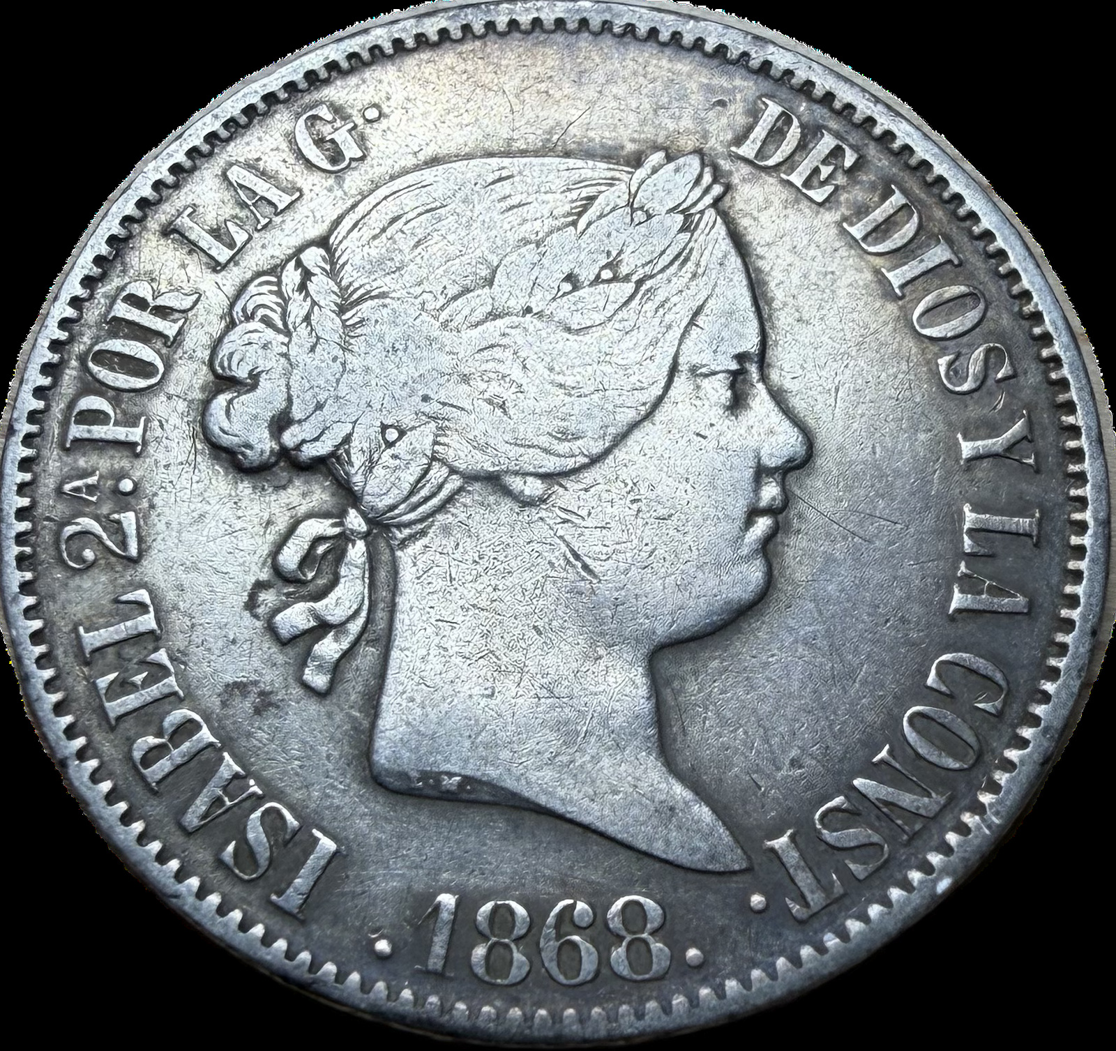 1868 Spain 50 Céntimos de Escudo Silver Coin VF25 | Queen Isabella II | KM 652