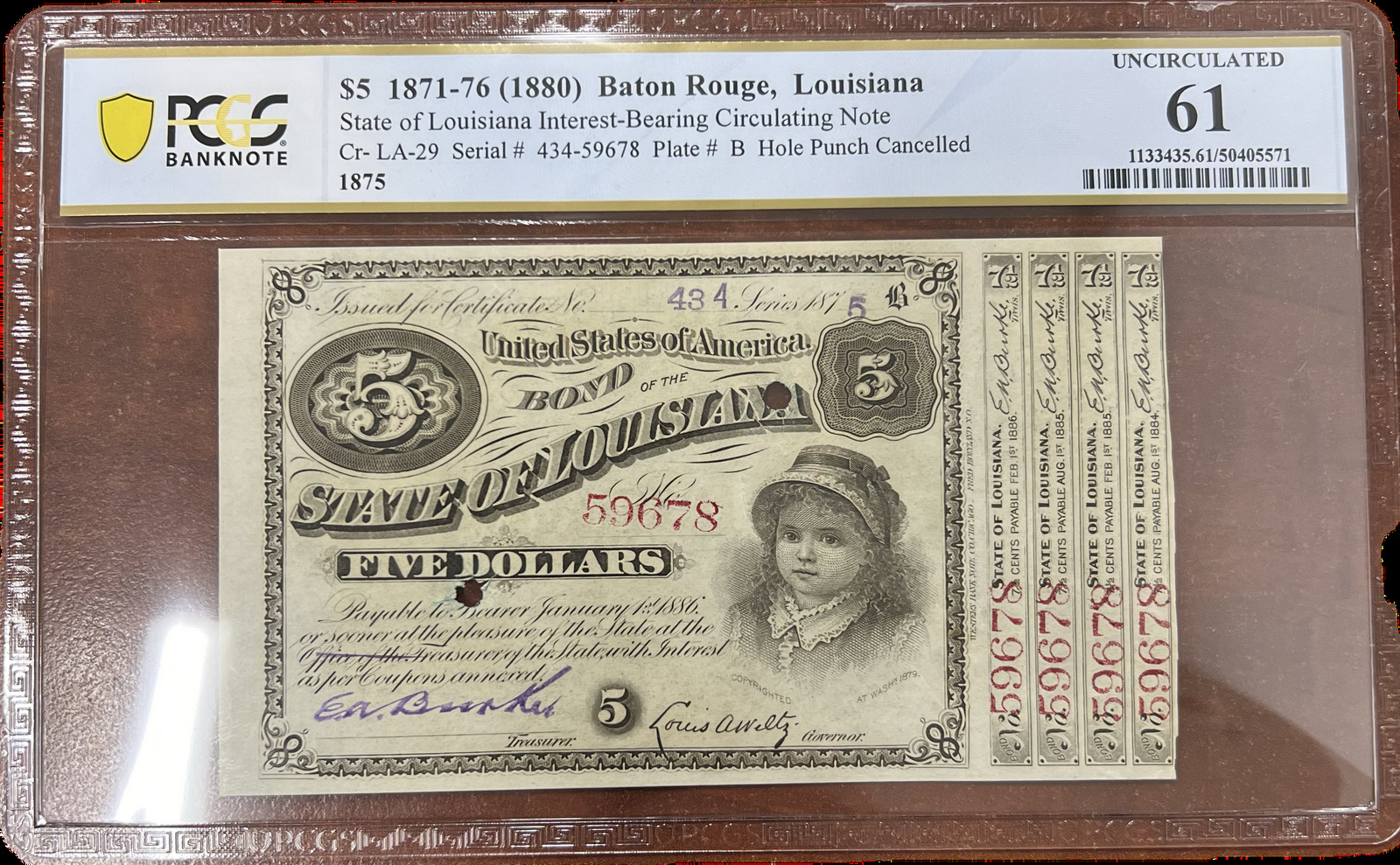 $5 1871-76 (1880) Baton Rouge, Louisiana PCGS UN61