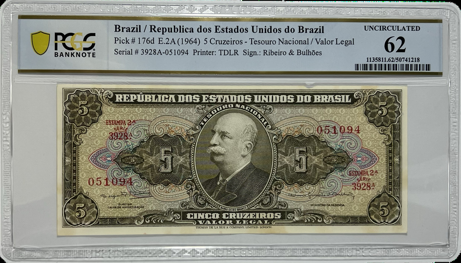 1964 Brazil 5 Cruzeiros Republica dos Estados Unidos do Brazil PCGS UN62
