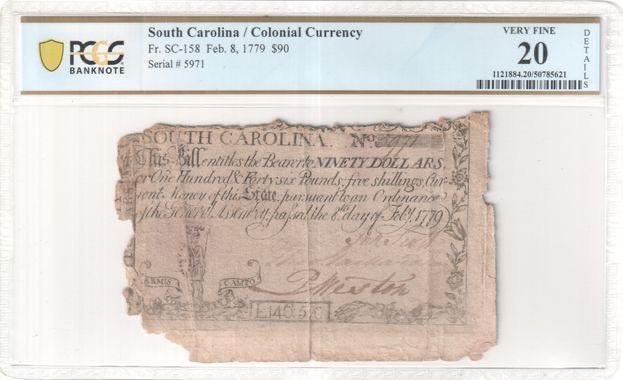 Colonial Currency Feb. 8, 1779 South Carolina $90 PCGS VF20